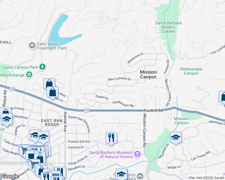 map of restaurants, bars, coffee shops, grocery stores, and more near 955 Cheltenham Road in Santa Barbara