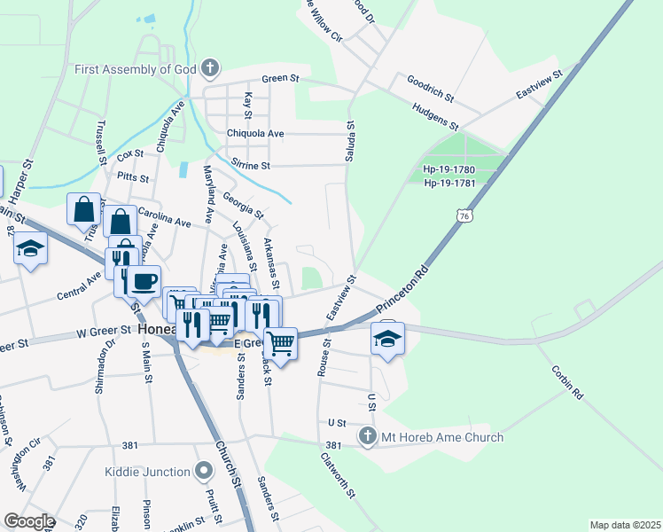 map of restaurants, bars, coffee shops, grocery stores, and more near 90 Peachtree Street in Honea Path