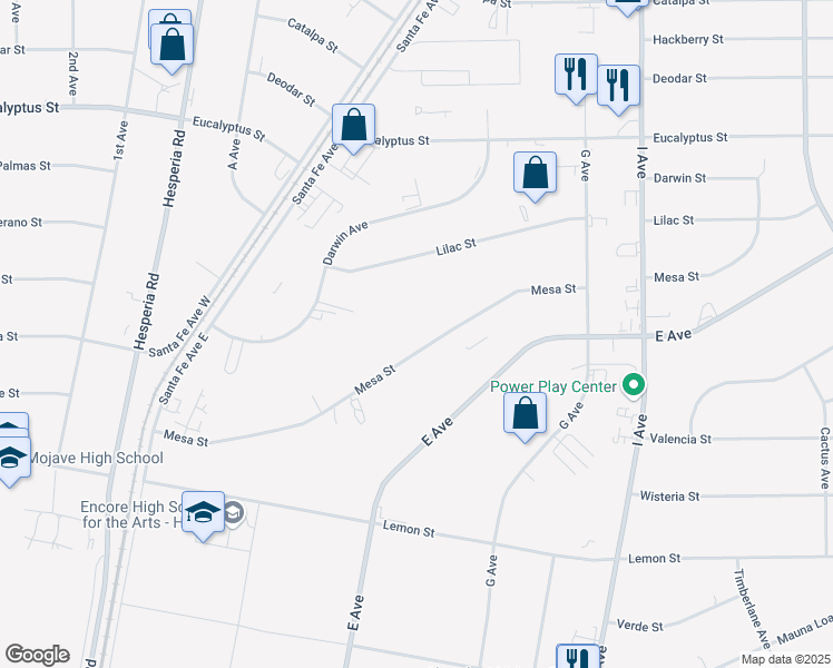 map of restaurants, bars, coffee shops, grocery stores, and more near 17316 Mesa Street in Hesperia