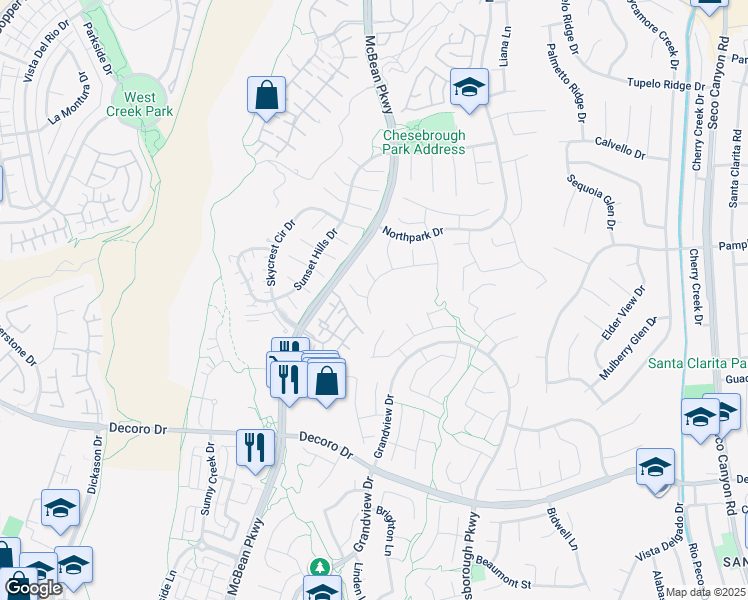 map of restaurants, bars, coffee shops, grocery stores, and more near 23652 Silverhawk Place in Santa Clarita