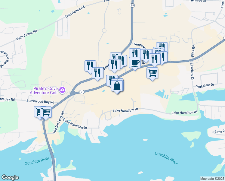 map of restaurants, bars, coffee shops, grocery stores, and more near 4501 Central Avenue in Hot Springs