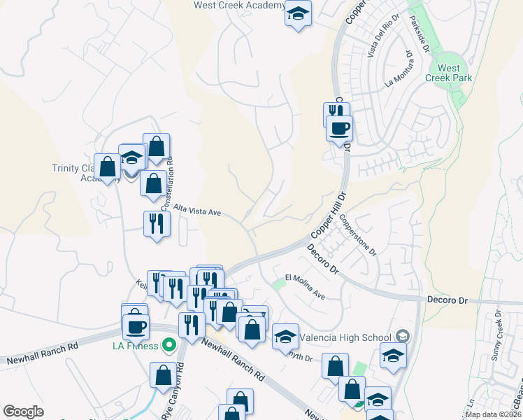 map of restaurants, bars, coffee shops, grocery stores, and more near 28115 North Anvil Court in Santa Clarita