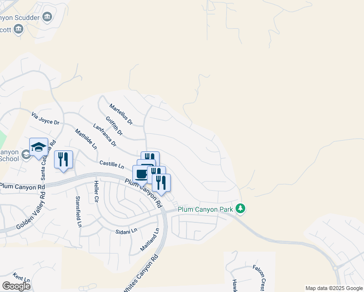 map of restaurants, bars, coffee shops, grocery stores, and more near 19220 Graham Lane in Santa Clarita