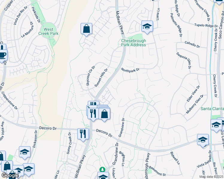 map of restaurants, bars, coffee shops, grocery stores, and more near 27823 Silverton Court in Santa Clarita