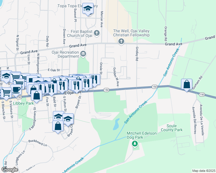 map of restaurants, bars, coffee shops, grocery stores, and more near 1180 East Ojai Avenue in Ojai