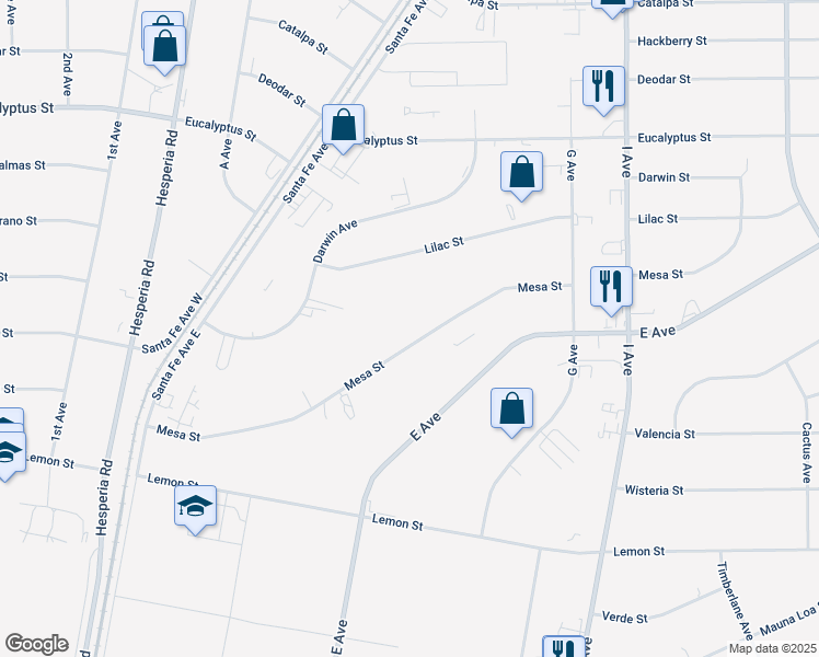 map of restaurants, bars, coffee shops, grocery stores, and more near 17316 Mesa Street in Hesperia