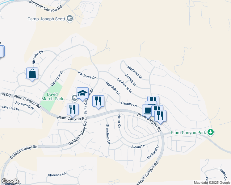 map of restaurants, bars, coffee shops, grocery stores, and more near 19650 Mathilde Lane in Santa Clarita