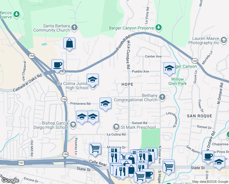 map of restaurants, bars, coffee shops, grocery stores, and more near 627 Russell Way in Santa Barbara