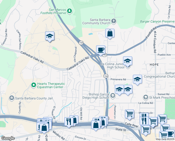 map of restaurants, bars, coffee shops, grocery stores, and more near 340 Old Mill Road in Santa Barbara