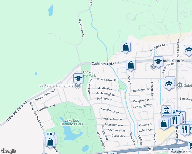 map of restaurants, bars, coffee shops, grocery stores, and more near 6288 Stow Canyon Road in Goleta
