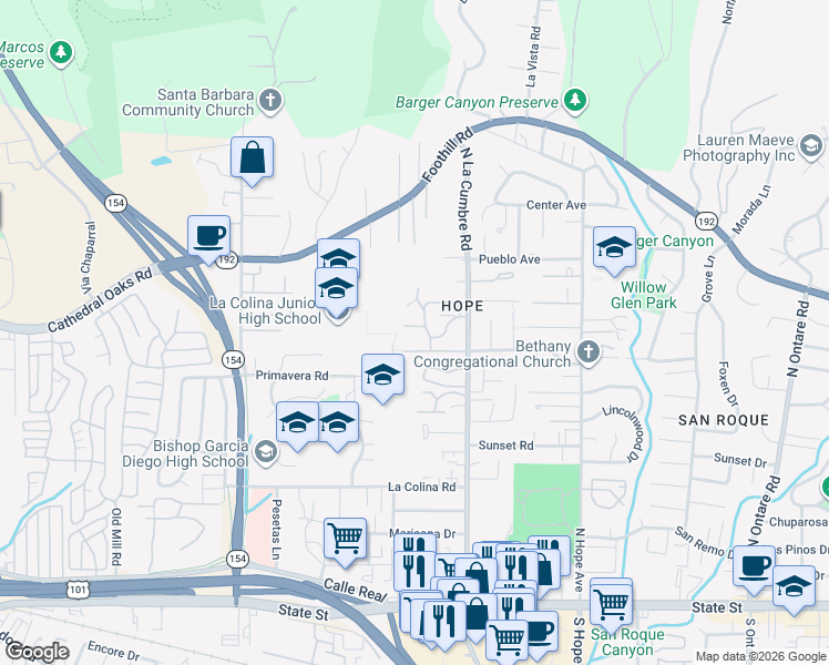 map of restaurants, bars, coffee shops, grocery stores, and more near 627 Russell Way in Santa Barbara
