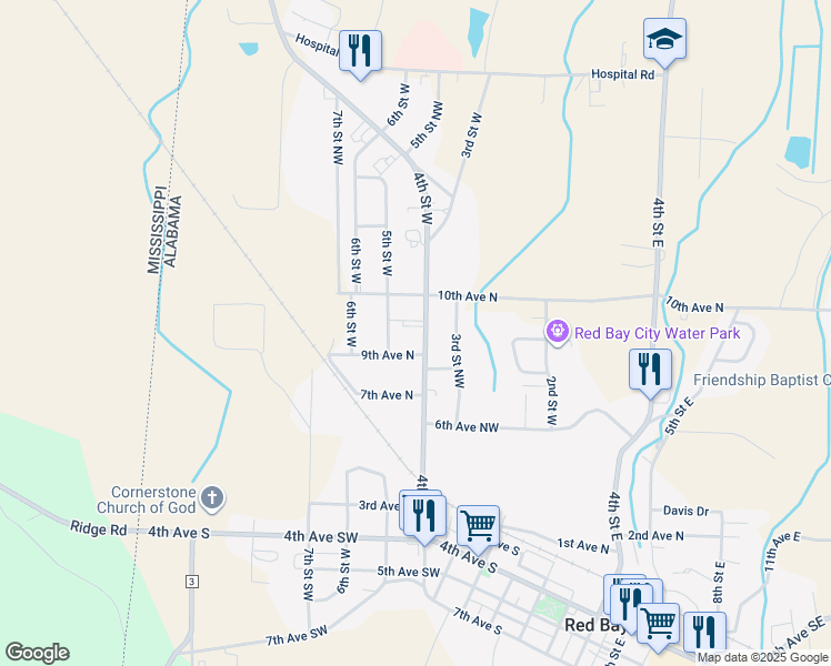 map of restaurants, bars, coffee shops, grocery stores, and more near 701-717 4th Street West in Red Bay