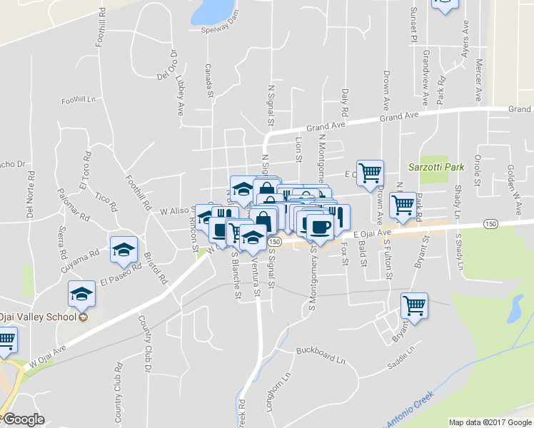 map of restaurants, bars, coffee shops, grocery stores, and more near 205 North Signal Street in Ojai