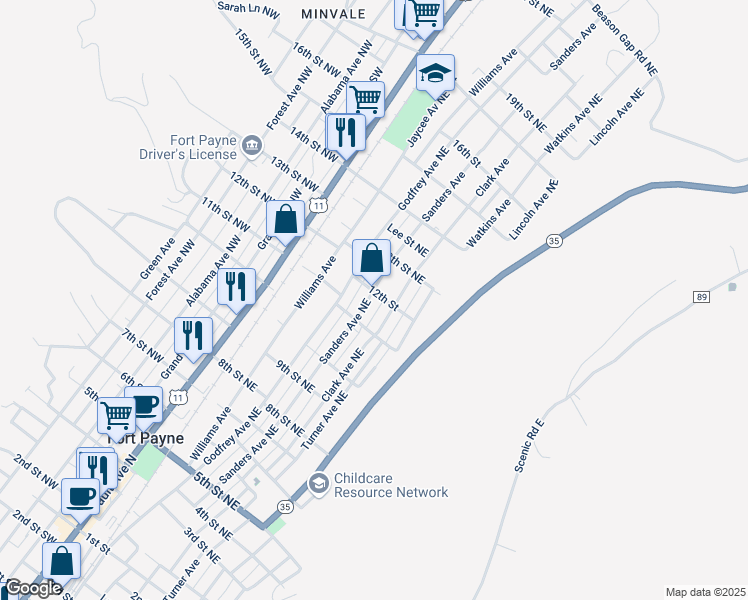 map of restaurants, bars, coffee shops, grocery stores, and more near 1111 Sanders Avenue Northeast in Fort Payne