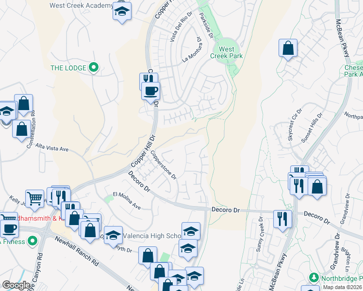 map of restaurants, bars, coffee shops, grocery stores, and more near 28097 Promontory Lane in Santa Clarita