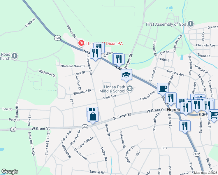 map of restaurants, bars, coffee shops, grocery stores, and more near 14 North Anderson Street in Honea Path