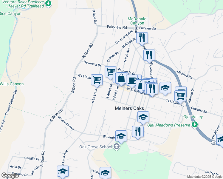 map of restaurants, bars, coffee shops, grocery stores, and more near 126 South Arnaz Street in Ojai