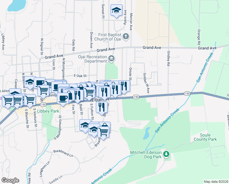 map of restaurants, bars, coffee shops, grocery stores, and more near 907 East Matilija Street in Ojai