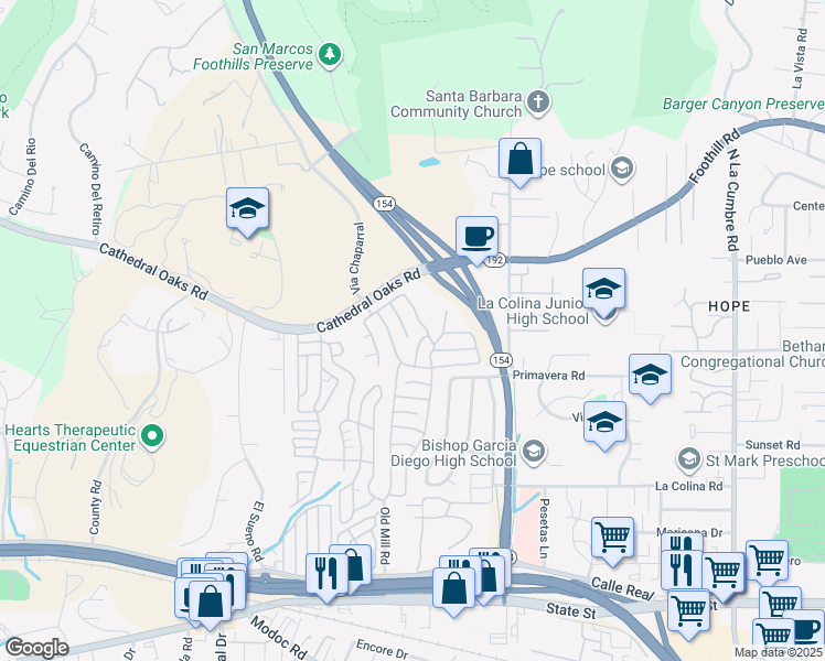 map of restaurants, bars, coffee shops, grocery stores, and more near 340 Old Mill Road in Santa Barbara