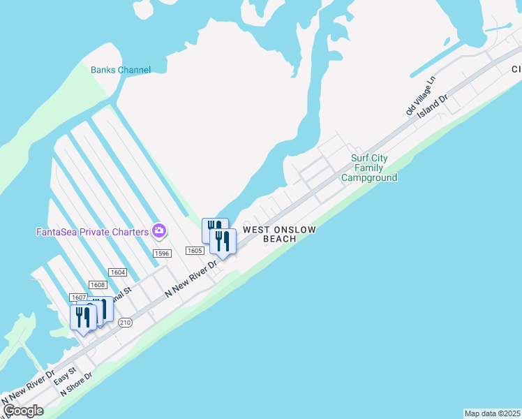 map of restaurants, bars, coffee shops, grocery stores, and more near 1500-1598 Wahoo Street in North Topsail Beach