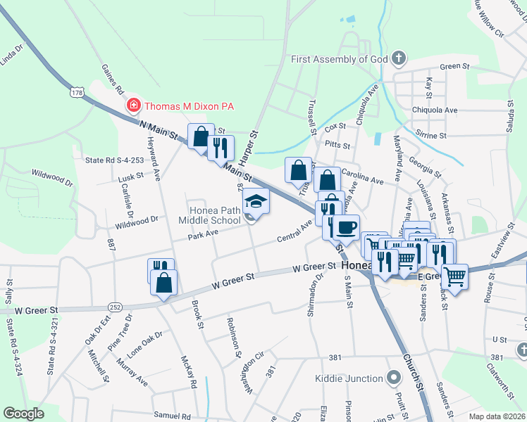 map of restaurants, bars, coffee shops, grocery stores, and more near 11A11B George Street in Honea Path