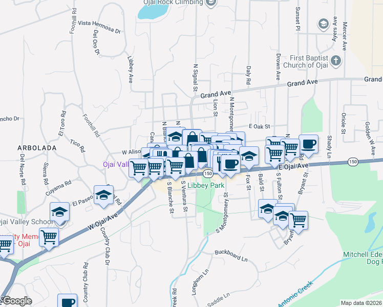 map of restaurants, bars, coffee shops, grocery stores, and more near 205 North Signal Street in Ojai