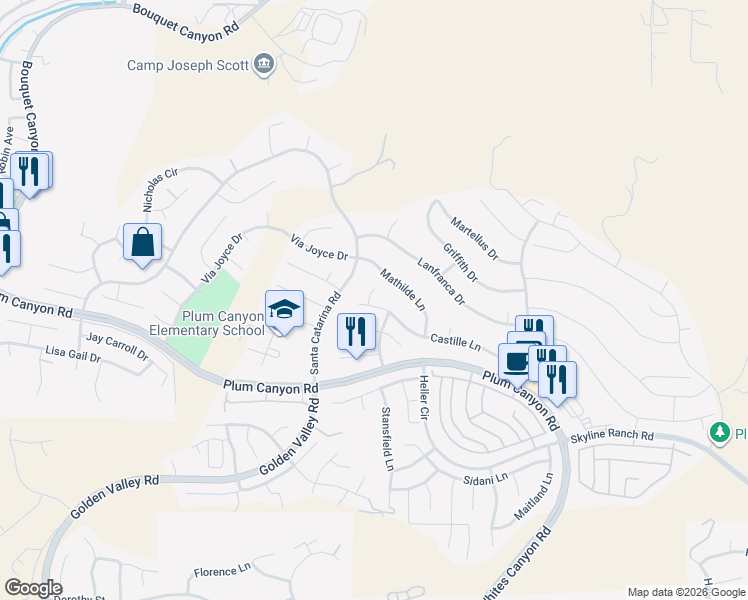 map of restaurants, bars, coffee shops, grocery stores, and more near 19721 Castille Lane in Santa Clarita