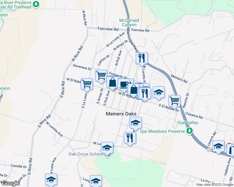 map of restaurants, bars, coffee shops, grocery stores, and more near 445 West El Roblar Drive in Ojai