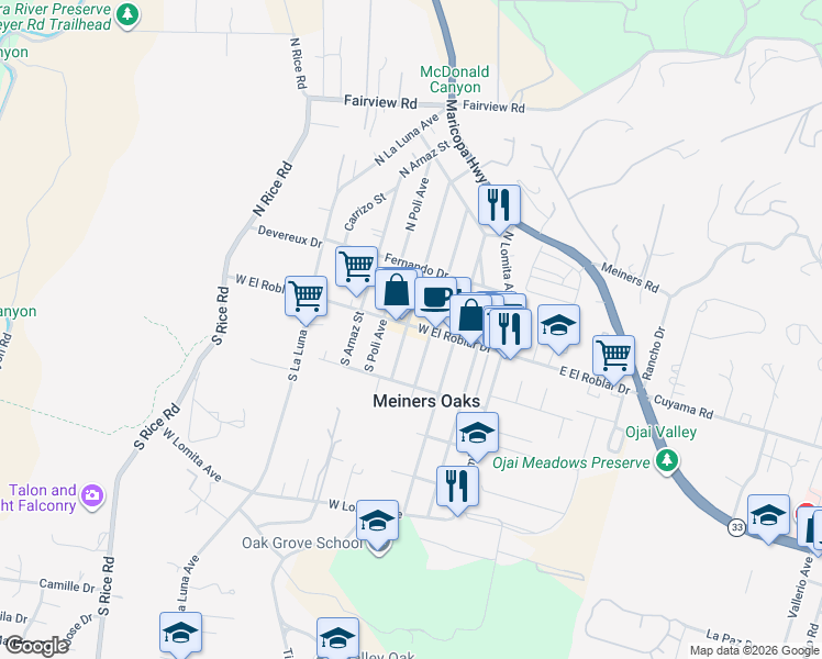 map of restaurants, bars, coffee shops, grocery stores, and more near 445 West El Roblar Drive in Ojai