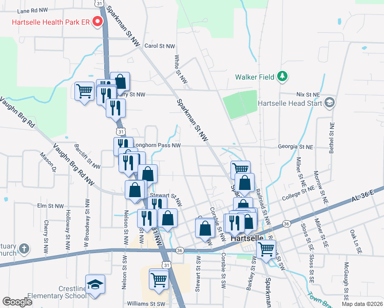 map of restaurants, bars, coffee shops, grocery stores, and more near 805 Corsbie Street Northwest in Hartselle