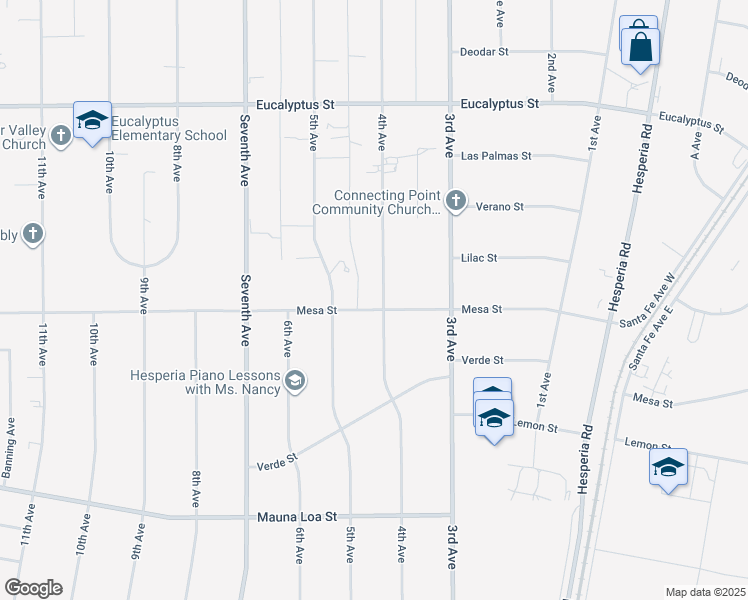 map of restaurants, bars, coffee shops, grocery stores, and more near 16336 Mesa Street in Hesperia