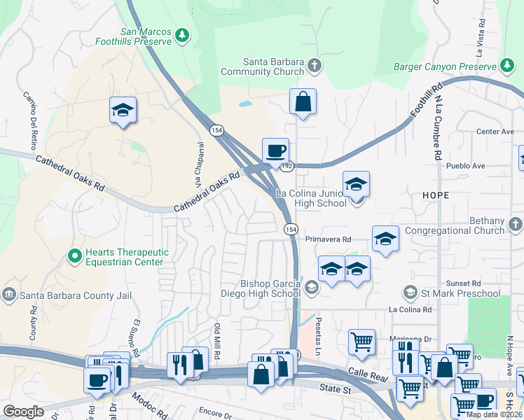 map of restaurants, bars, coffee shops, grocery stores, and more near 340 Old Mill Road in Santa Barbara