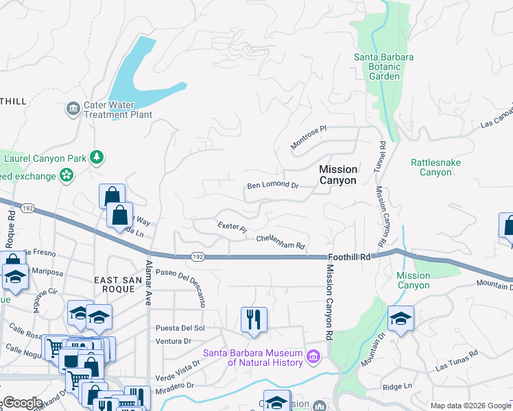 map of restaurants, bars, coffee shops, grocery stores, and more near 955 Cheltenham Road in Santa Barbara