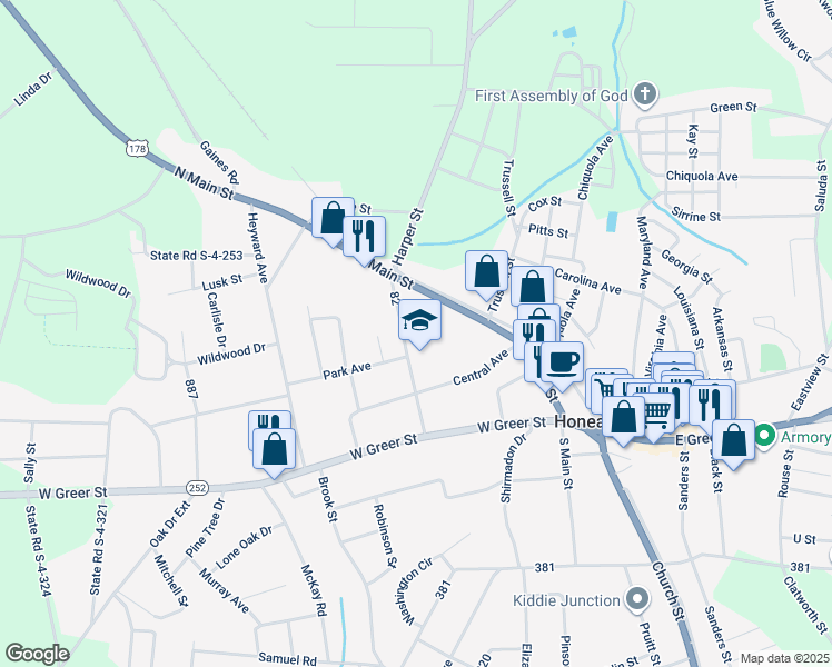 map of restaurants, bars, coffee shops, grocery stores, and more near 107 Brock Avenue in Honea Path