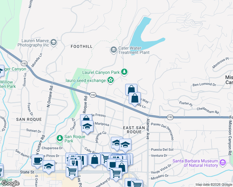 map of restaurants, bars, coffee shops, grocery stores, and more near 3134 Lucinda Lane in Santa Barbara