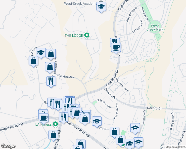 map of restaurants, bars, coffee shops, grocery stores, and more near 28128 North Anvil Court in Santa Clarita