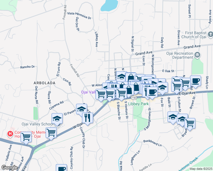map of restaurants, bars, coffee shops, grocery stores, and more near 301 West Aliso Street in Ojai