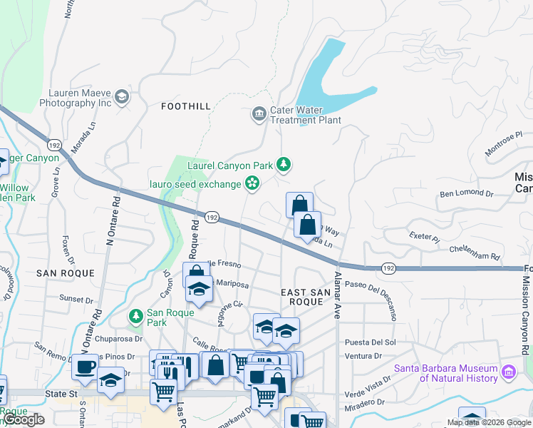 map of restaurants, bars, coffee shops, grocery stores, and more near 3134 Lucinda Lane in Santa Barbara