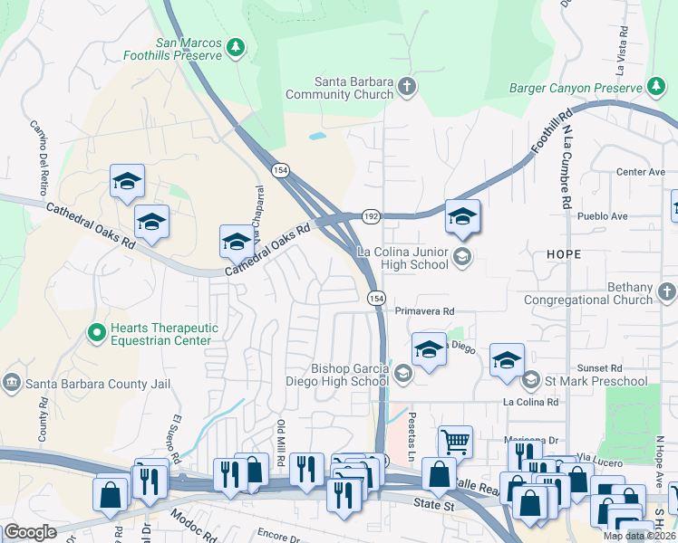 map of restaurants, bars, coffee shops, grocery stores, and more near 340 Old Mill Road in Santa Barbara