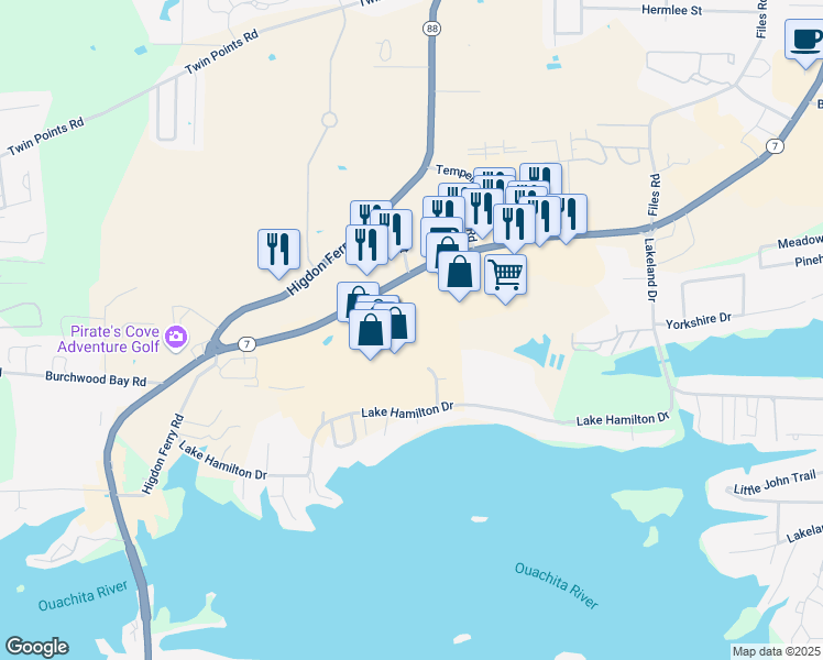 map of restaurants, bars, coffee shops, grocery stores, and more near 4501 Central Avenue in Hot Springs