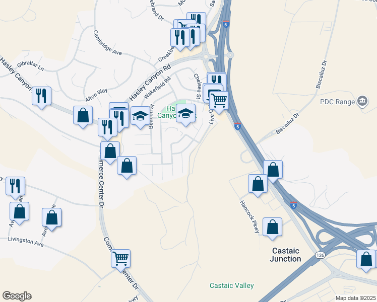 map of restaurants, bars, coffee shops, grocery stores, and more near 27728 Buckskin Drive in Castaic