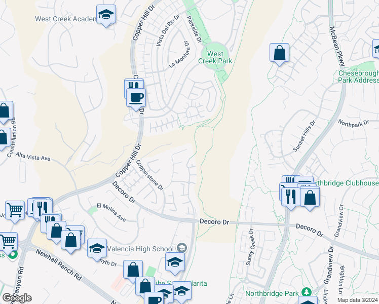 map of restaurants, bars, coffee shops, grocery stores, and more near 24206 English Rose Place in Santa Clarita