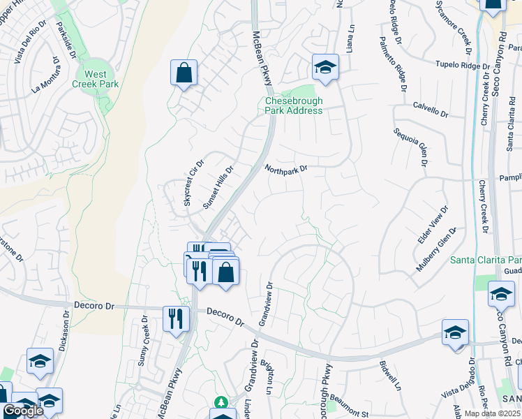 map of restaurants, bars, coffee shops, grocery stores, and more near 23652 Silverhawk Place in Santa Clarita