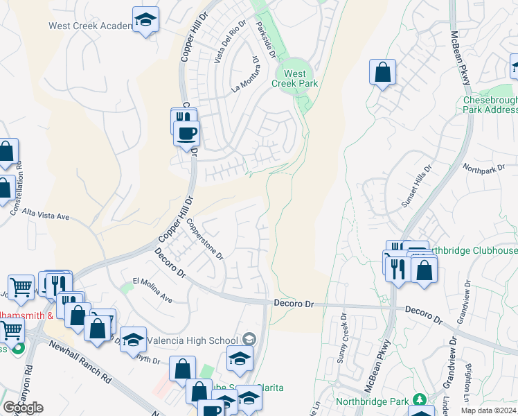 map of restaurants, bars, coffee shops, grocery stores, and more near 24206 English Rose Place in Santa Clarita