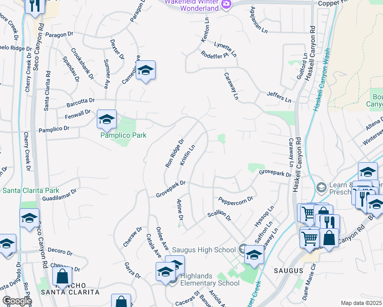 map of restaurants, bars, coffee shops, grocery stores, and more near 27706 Kristin Lane in Santa Clarita
