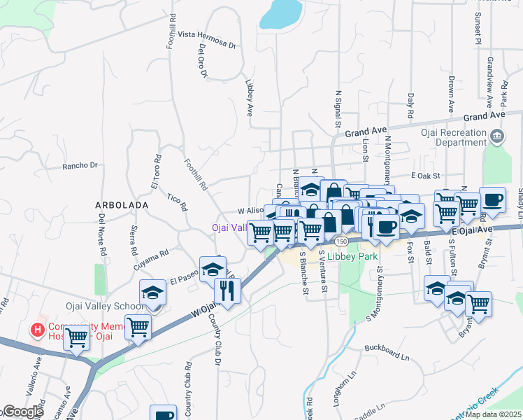 map of restaurants, bars, coffee shops, grocery stores, and more near West Aliso Street in Ojai