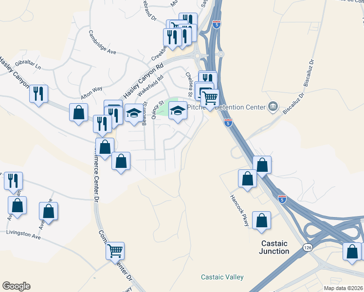map of restaurants, bars, coffee shops, grocery stores, and more near 27722 Buckskin Drive in Castaic