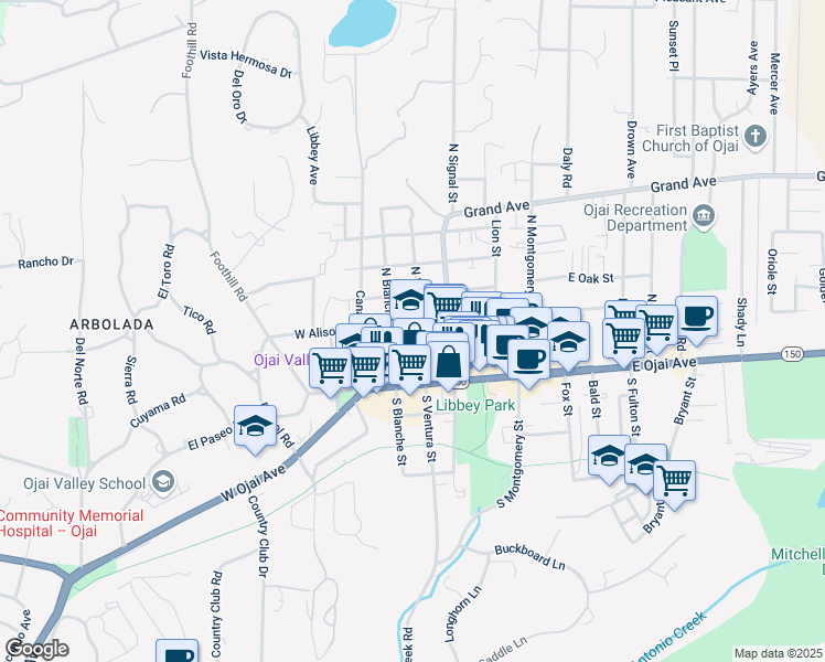 map of restaurants, bars, coffee shops, grocery stores, and more near 204 North Ventura Street in Ojai