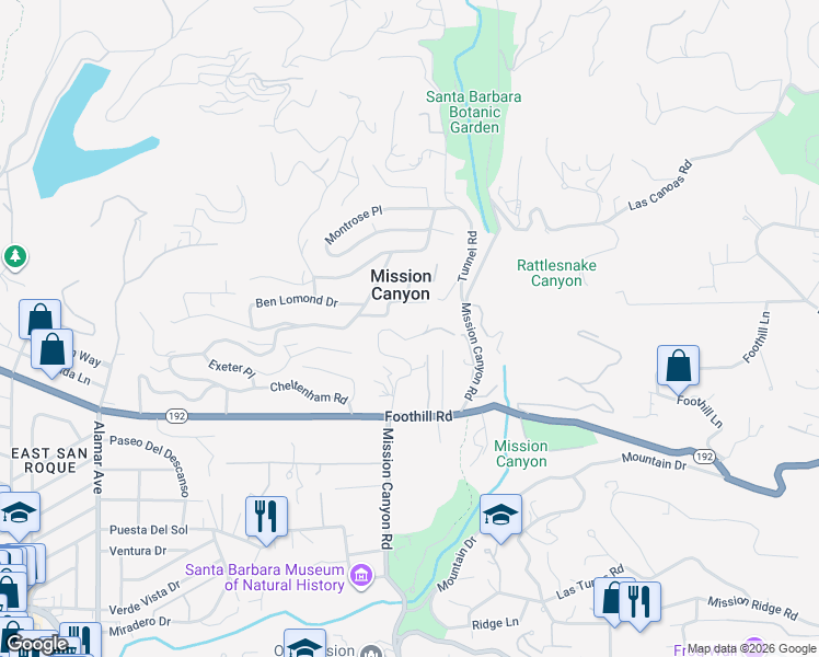 map of restaurants, bars, coffee shops, grocery stores, and more near 980 Tornoe Road in Santa Barbara