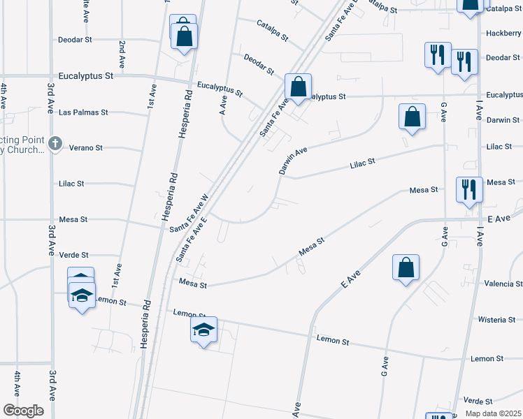 map of restaurants, bars, coffee shops, grocery stores, and more near Darwin Street in Hesperia